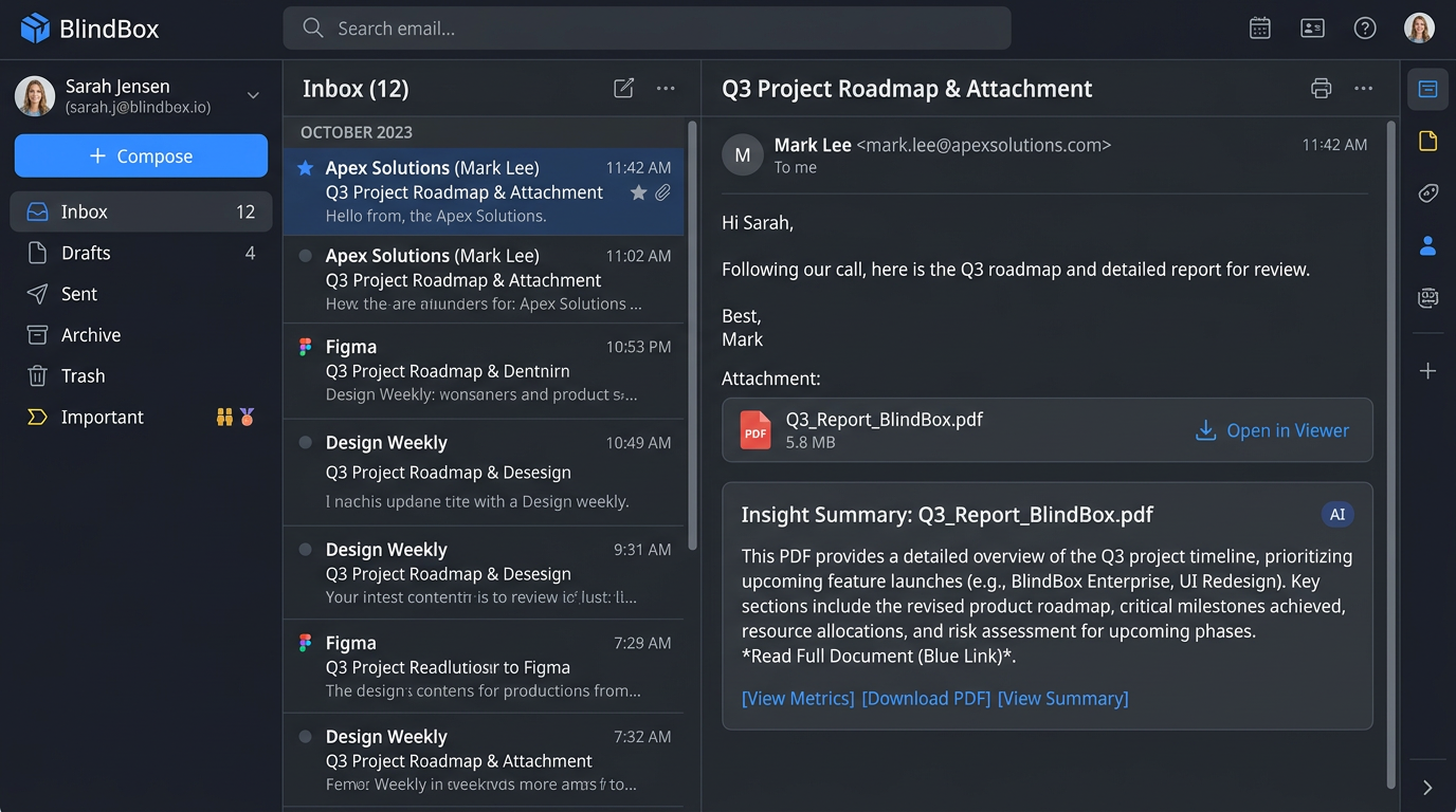 Illustrative BlindBox attachment pane with optional Insight summary beside a document.