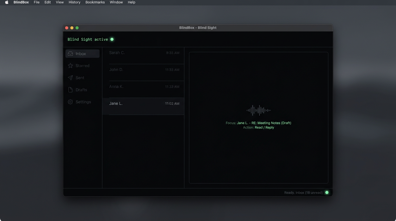 Illustrative BlindBox Blind Sight mode with a minimal, calm dark surface.