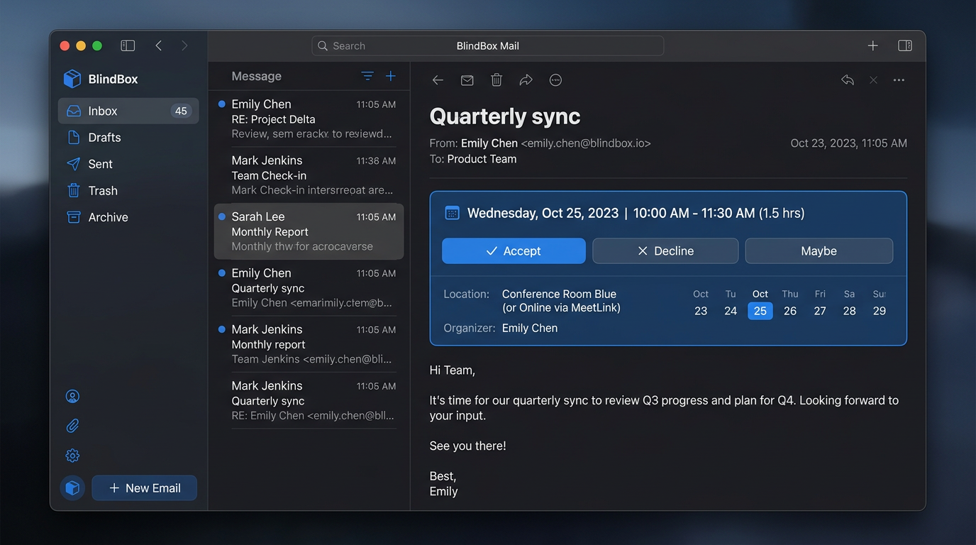 Illustrative BlindBox reading pane showing a structured meeting invite with event details.
