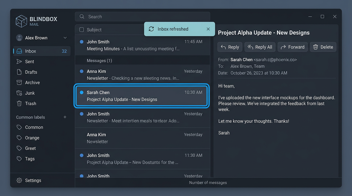 Illustrative BlindBox view with a subtle confirmation after a mailbox action.