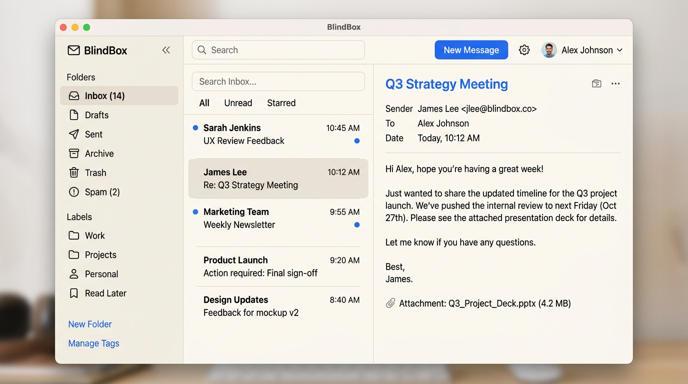 Illustrative BlindBox light-theme inbox.