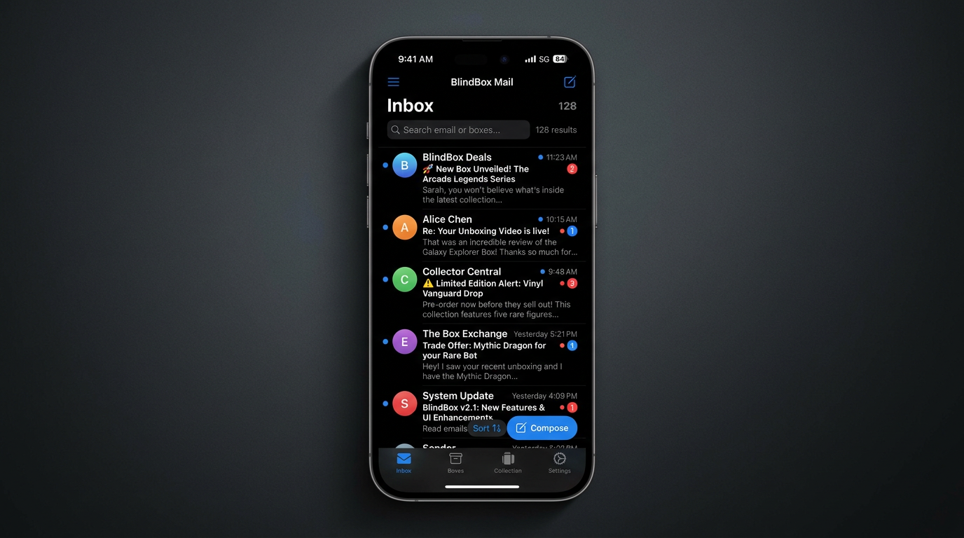 Illustrative BlindBox mobile inbox on a phone.