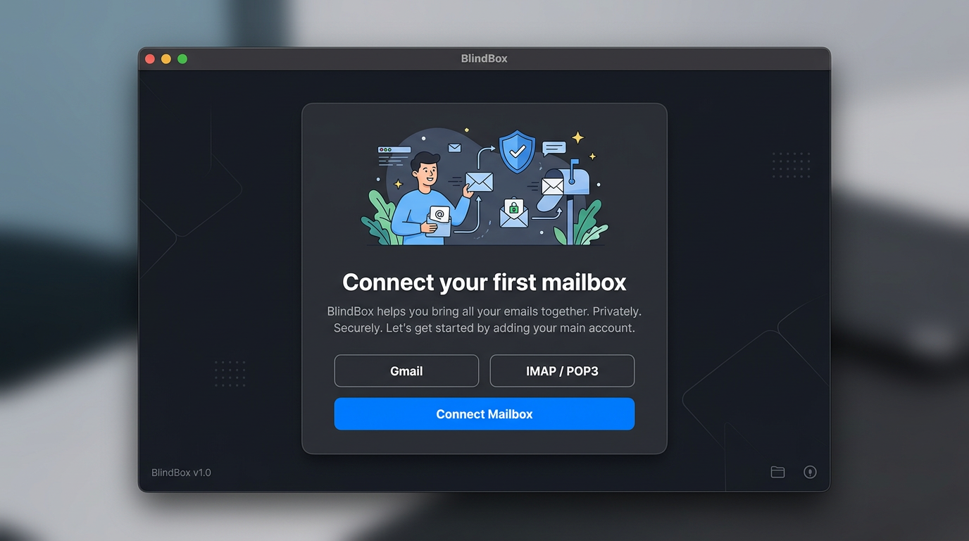 Illustrative BlindBox welcome screen inviting you to connect your first mailbox.